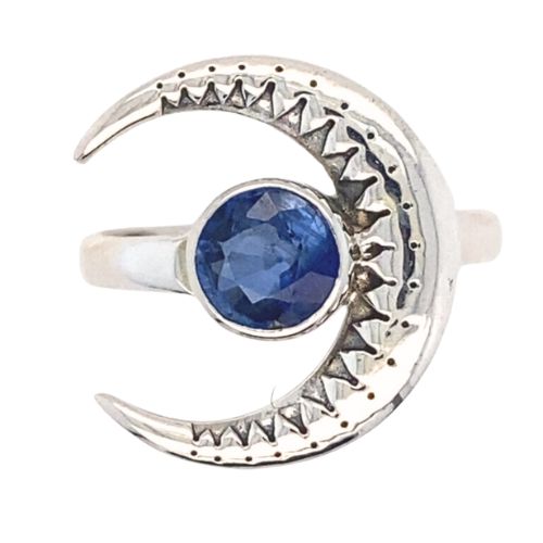 High polish sterling silver crescent moon ring with a sparkly blue faceted Kyanite gemstone. Wholesale jewelry designed by a woman-owned and handcrafted by artisans.