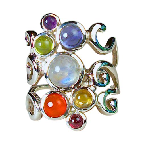 Sterling silver chakra ring set with Amethyst, Iolite, Citrine, Peridot, Moonstone, and Garnet gemstones