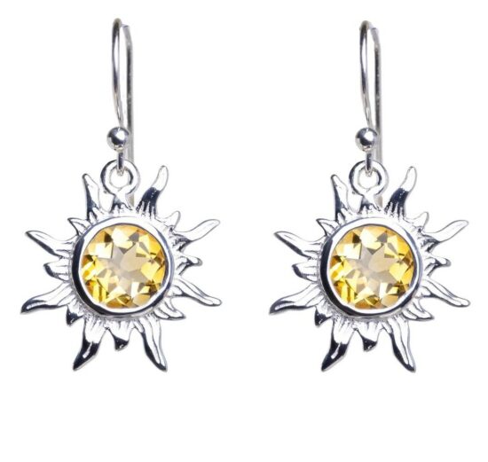 Earrings in the shape of a sun with a yellow gem in the middle