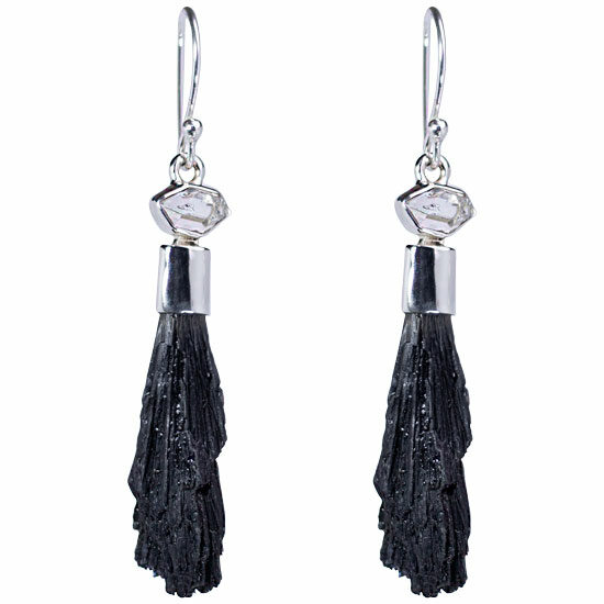 Black Kyanite Herkimer Diamond Wing Earrings