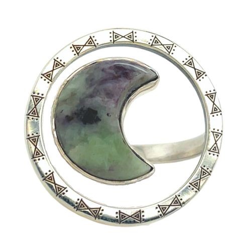R-712 Purple Haze Kammererite Luna Halo RingA carved Kammererite crescent moon is surrounded by an artisan engraved halo of sterling silver.