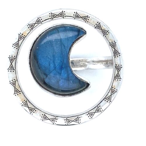 R-780 Glowing Labradorite Luna Halo Ring  A crescent moon of carved labradorite is surrounded by an artisan engraved halo of sterling silver.