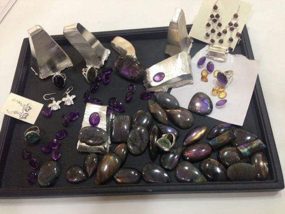 We are always on the lookout for brilliantly shining rare Purple Labradorite to add to our collection. Here are some specimens along with recycled sterling silver blocks that will be melted down for our designs. 