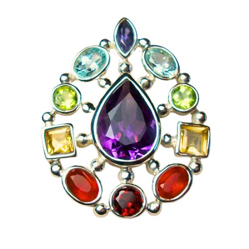 Sterling silver Chakra Pendant featuring sparkling faceted gemstones in Iolite, Blue Topaz, Peridot, Citrine, Carnelian, Garnet, and Amethyst