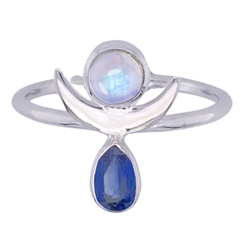 Moonstone Kyanite Crescent Moon Ring ethically handcrafted exclusive designs