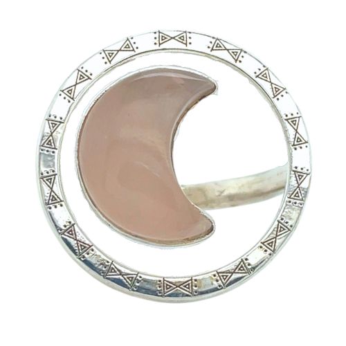 R-781 Ethereal Rose Quartz Luna Halo Ring . A carved rose quartz crescent moon is surrounded by a halo of artisan crafted sterling silver.